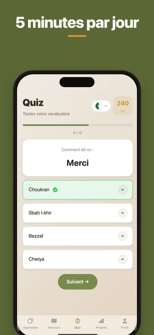 Session quotidienne de 5 minutes dans Dialect : des cartes de vocabulaire à réviser chaque jour