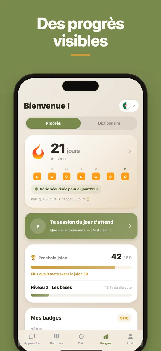 Écran Progrès de Dialect : série de 21 jours, jalon 42/50 mots, niveau 2 et badges 5/16