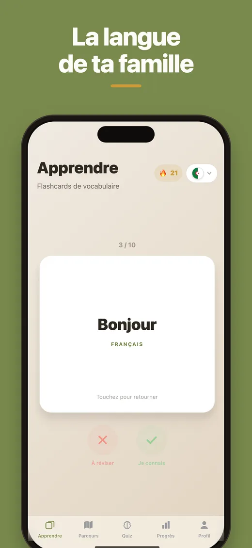 Dialect's home screen: 'Your family's language' banner, a vocabulary flashcard showing 'Bonjour' and a 21-day streak