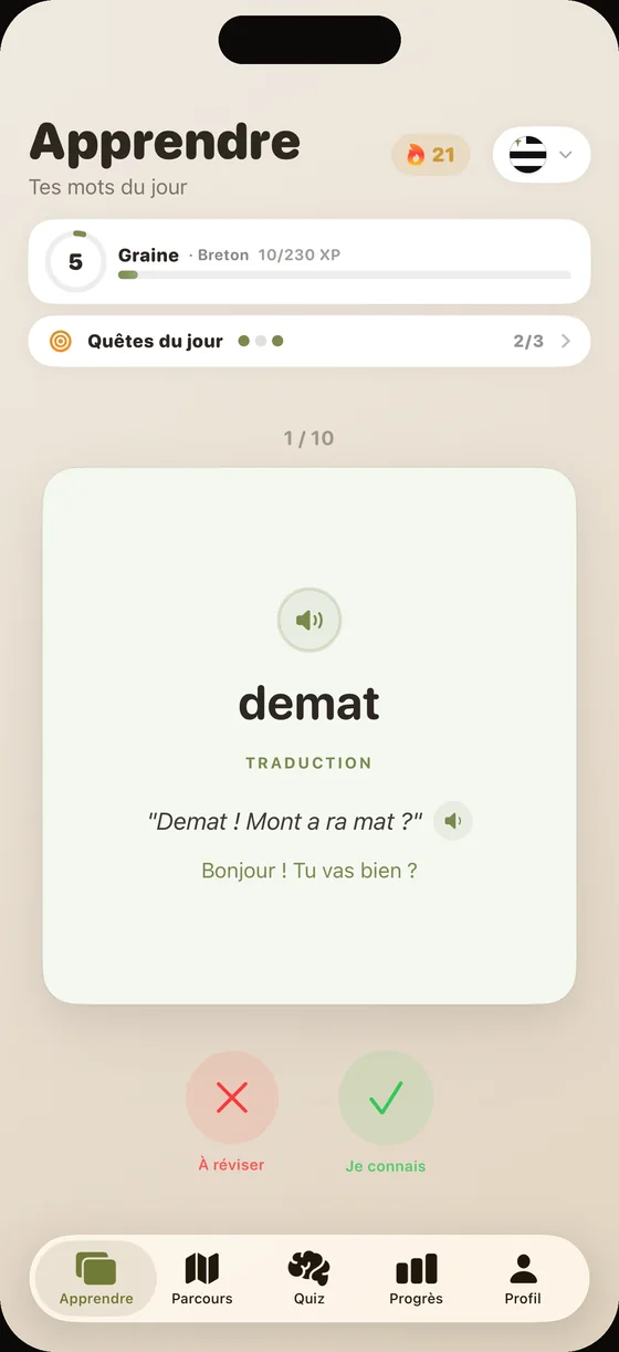 Écran de l'app Dialect en breton : la carte « demat », avec audio clair sur chaque mot