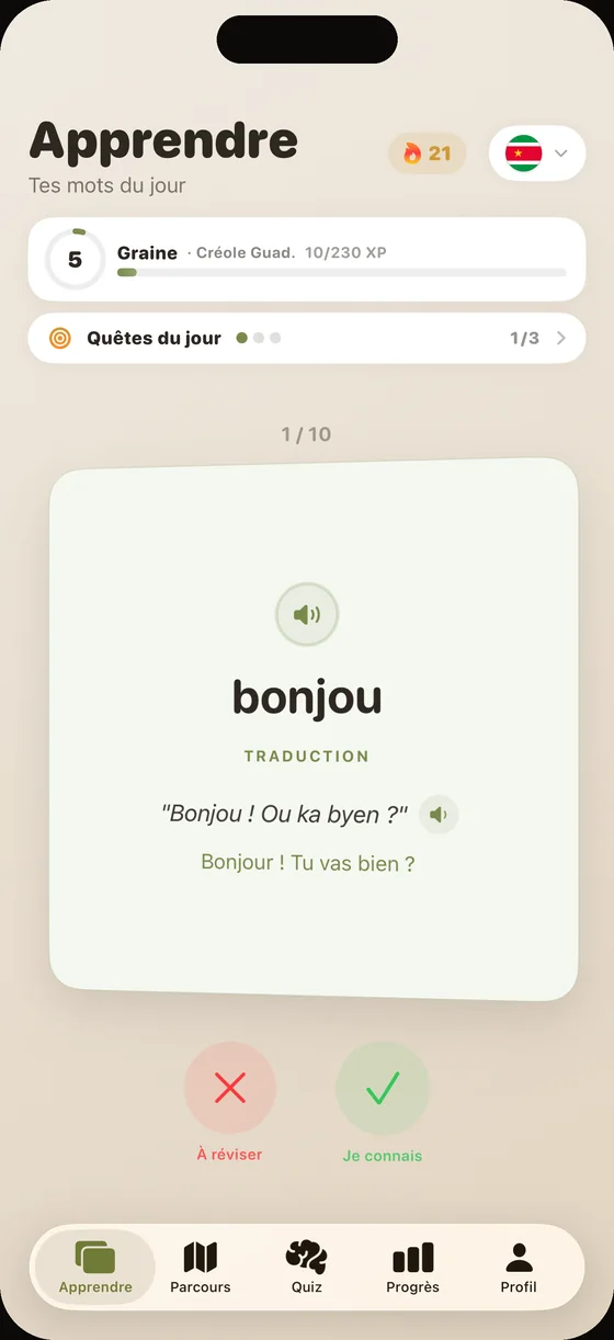 Écran de l'app Dialect en créole guadeloupéen : la carte « Bonjou », avec audio enregistré par un locuteur natif
