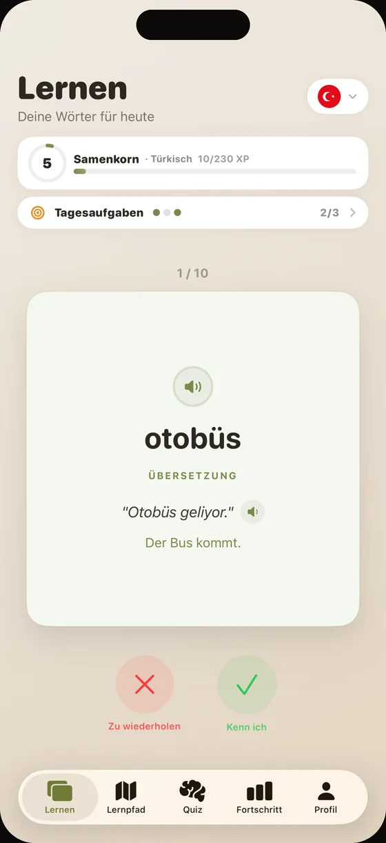Bildschirm der Dialect-App auf Türkisch: Karte „otobüs“, Satz „Otobüs geliyor.“ mit der Übersetzung „Der Bus kommt.“