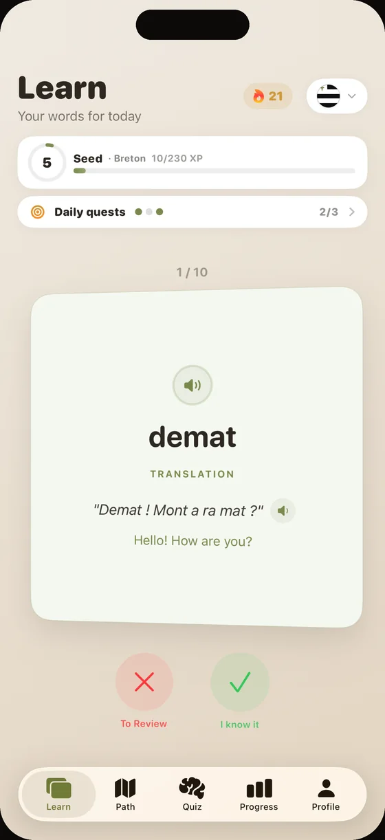 Dialect app screen in Breton: the card “demat”, with clear audio on every word