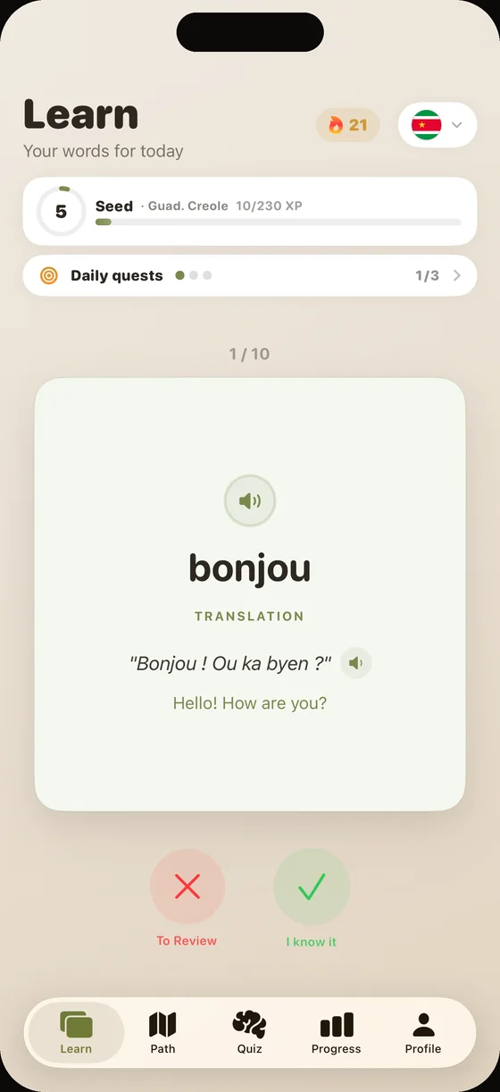 Scherm van de Dialect-app (Engelse interface) in Guadeloupees Creools: de kaart “Bonjou”, met audio ingesproken door een moedertaalspreker