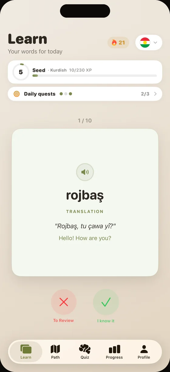Scherm van de Dialect-app (Engelse interface) in het Koerdisch: de kaart “rojbaş”, met audio ingesproken door een moedertaalspreker