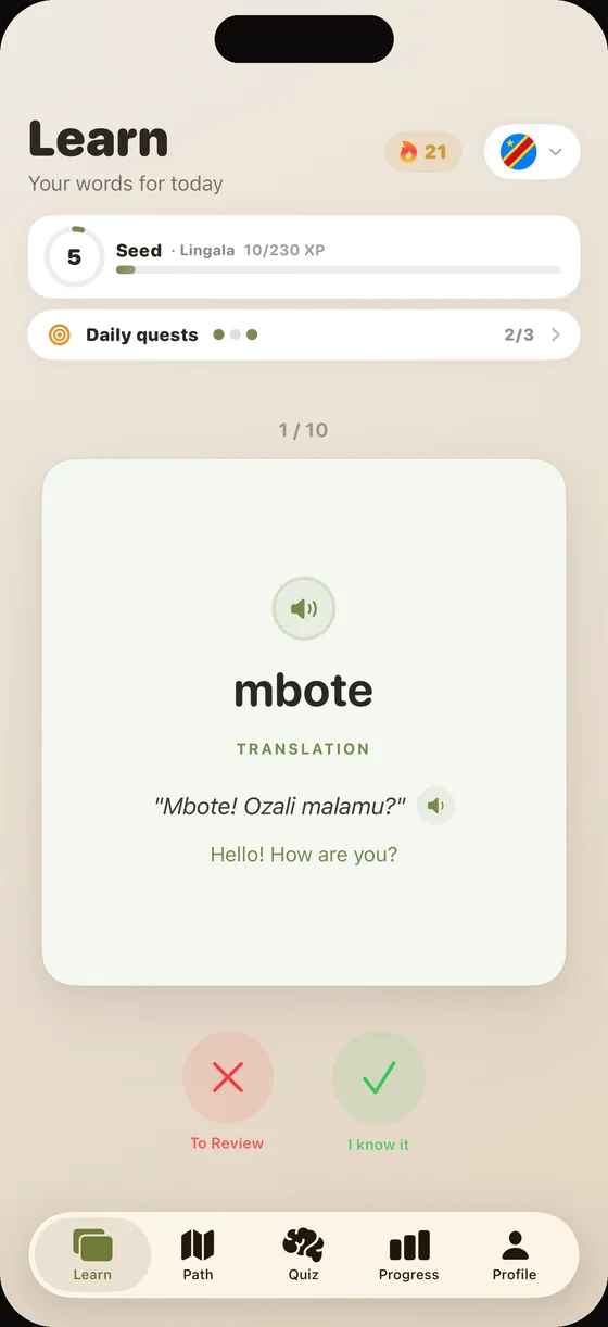 Scherm van de Dialect-app (Engelse interface) in het Lingala: de kaart “mbote”, met duidelijke audio bij elk woord