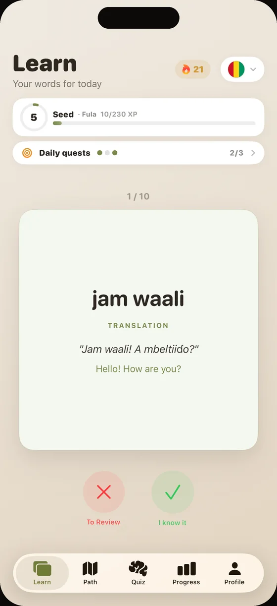 Scherm van de Dialect-app (Engelse interface) in het Fula: de kaart “jam waali”, met duidelijke audio bij elk woord