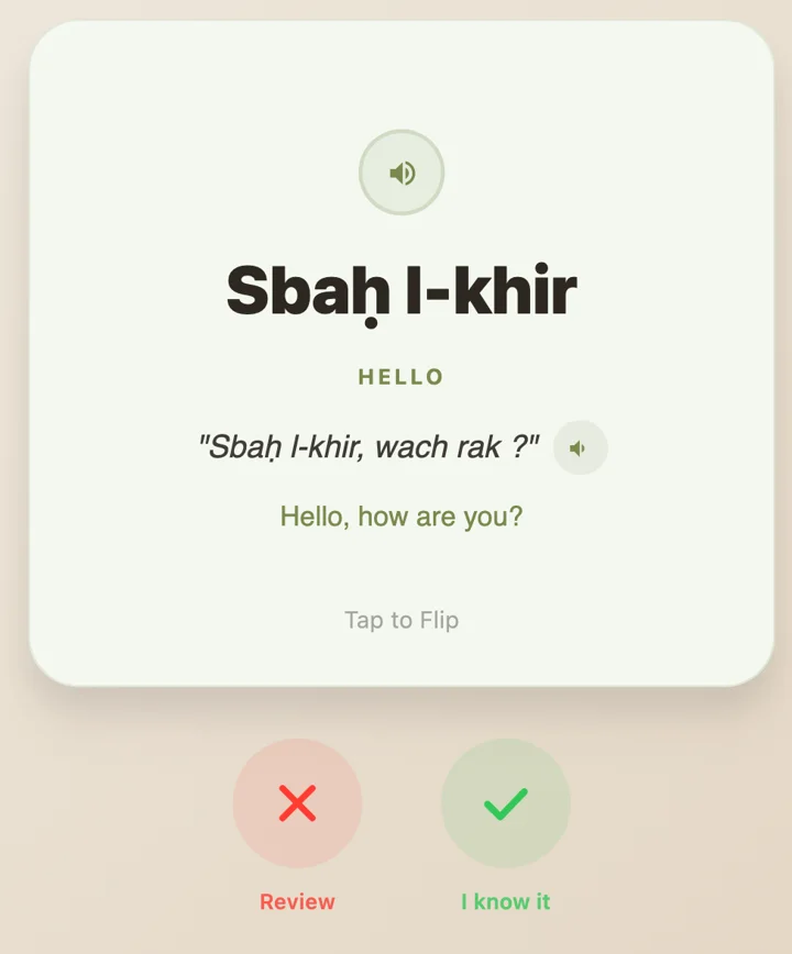 Dialect flashcard: “Sbaḥ l-khir”, meaning “Good morning”, with “Review” and “I know it” buttons