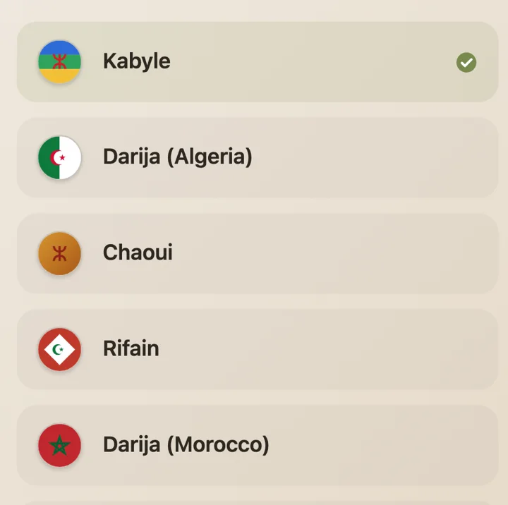 Language list in Dialect with their real flags: Kabyle selected, Algerian Darija, Chaoui, Rifain, Moroccan Darija