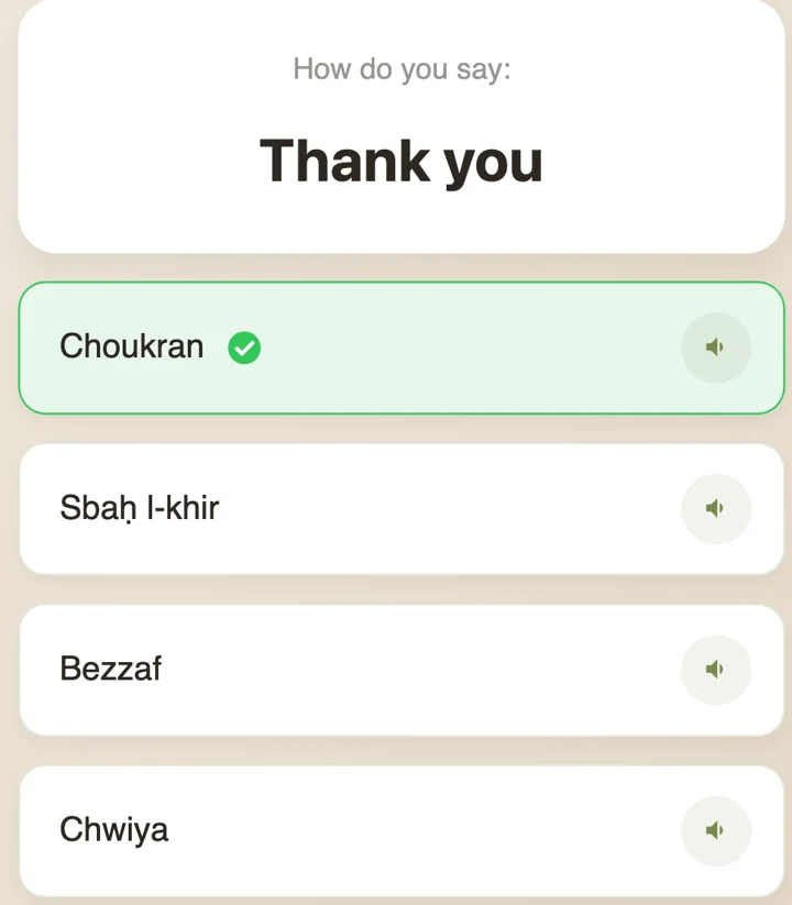 Dialect quiz: “How do you say: Thank you” — correct answer Choukran ticked among four options