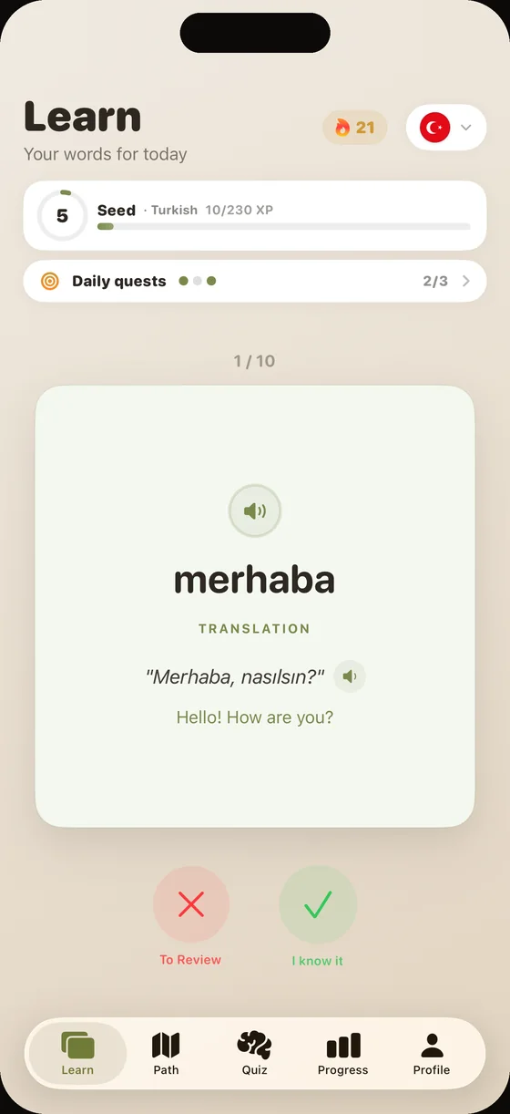Scherm van de Dialect-app (Engelse interface) in het Turks: de kaart “merhaba”, met duidelijke audio bij elk woord