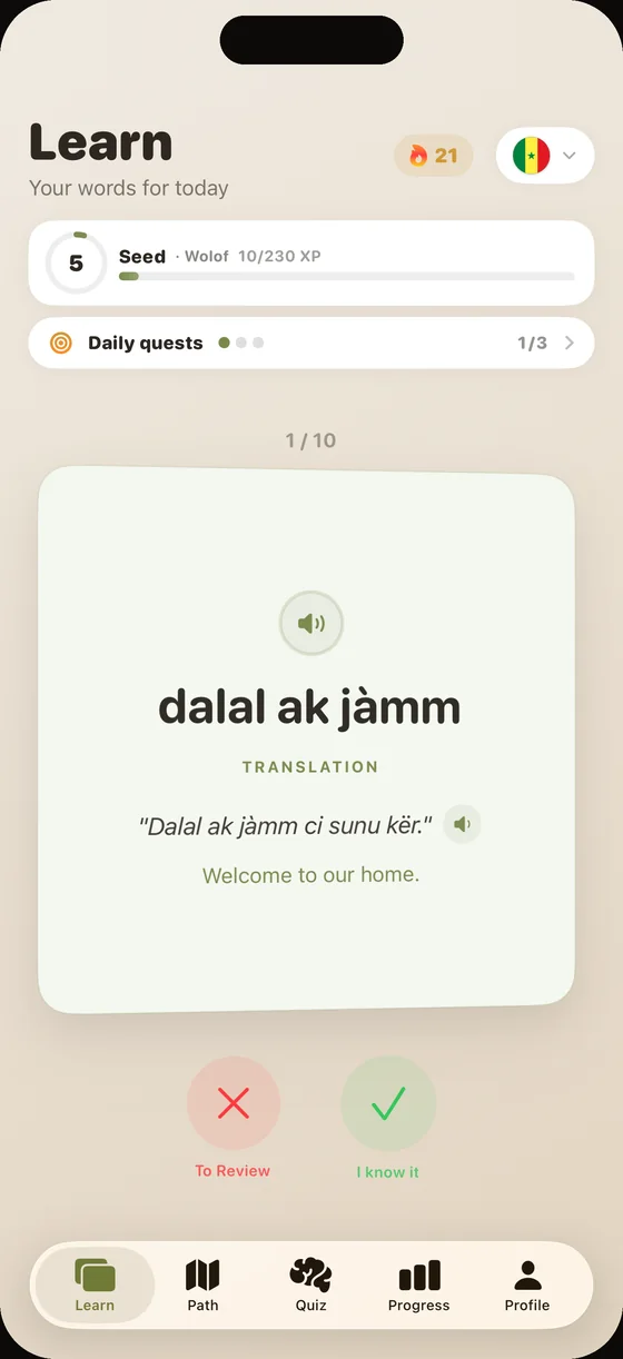 Scherm van de Dialect-app (Engelse interface) in het Wolof: de kaart “dalal ak jàmm”, met audio ingesproken door een moedertaalspreker