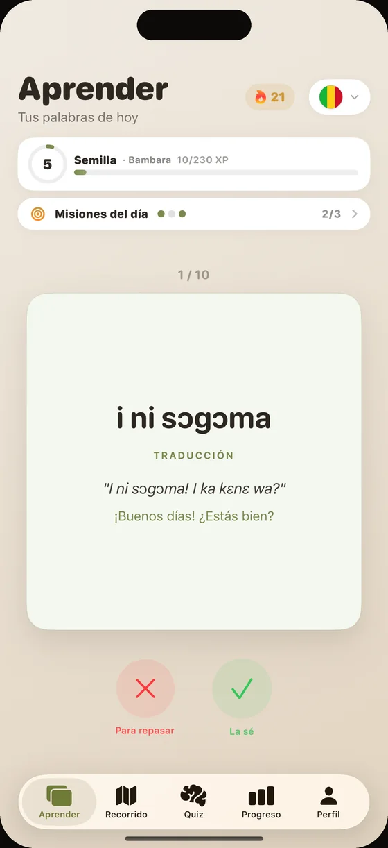 Pantalla de la app Dialect en bambara: la tarjeta «i ni sɔgɔma»