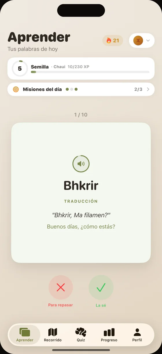 Pantalla de la app Dialect en chaui: la tarjeta «Bhkrir», con audio grabado por una voz nativa