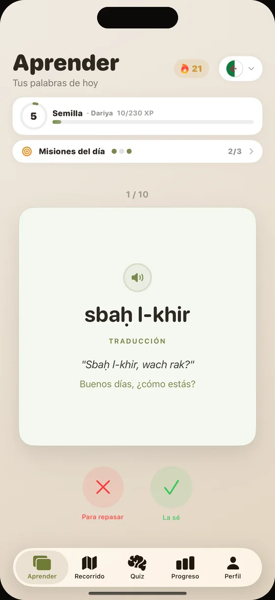 Pantalla de la app Dialect en dariya argelino: la tarjeta «sbaḥ l-khir», con audio grabado por una voz nativa