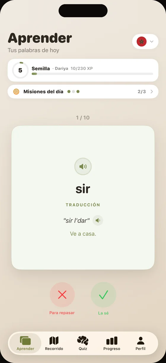 Pantalla de la app Dialect en dariya marroquí: tarjeta «sir», frase «sir l'dar» traducida «Ve a casa.», con audio grabado por un hablante nativo