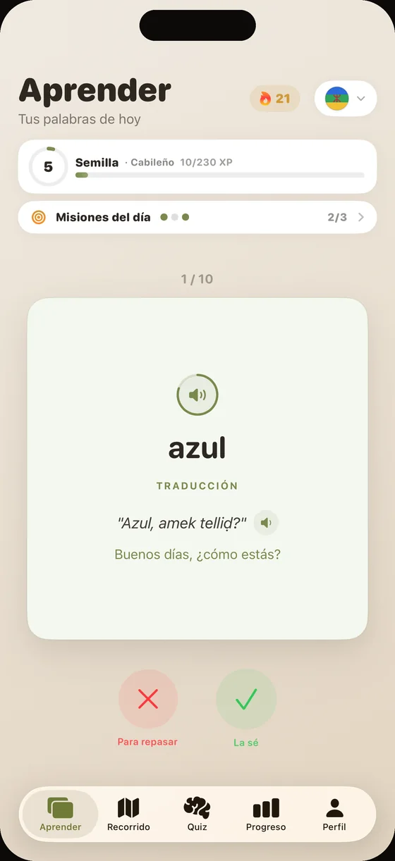 Pantalla de la app Dialect en cabileño: la tarjeta «azul», con audio grabado por una voz nativa