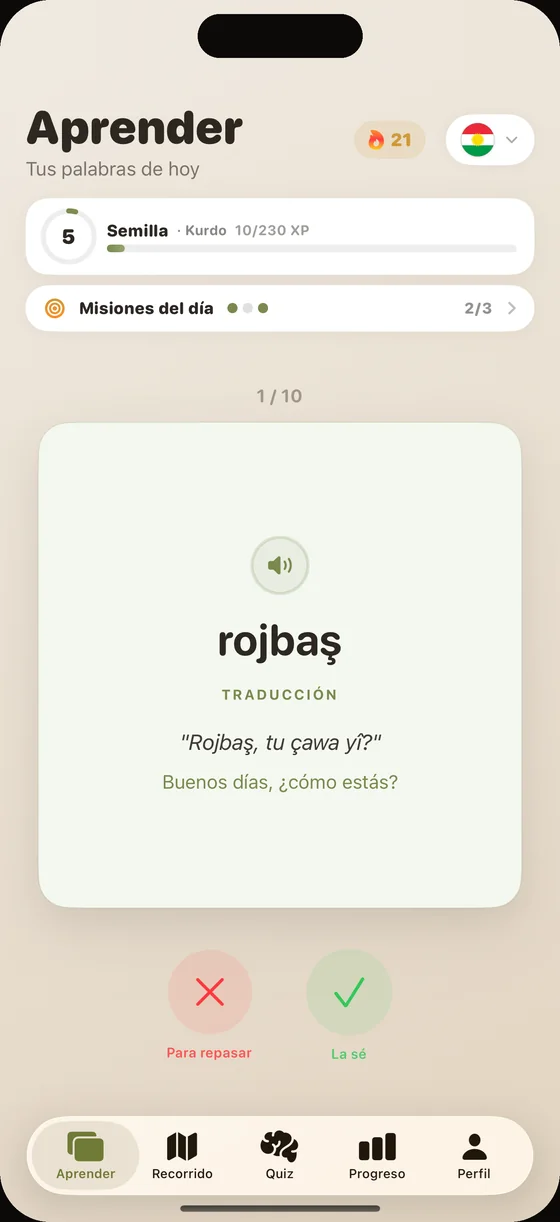 Pantalla de la app Dialect en kurdo: la tarjeta «rojbaş», con audio grabado por una voz nativa
