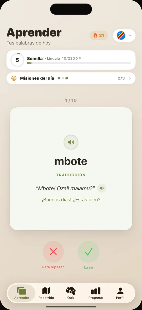 Pantalla de la app Dialect en lingala: la tarjeta «mbote», con audio nativo en cada palabra