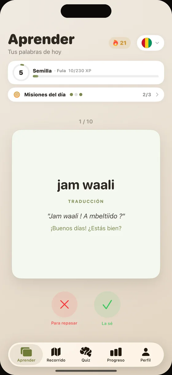 Pantalla de la app Dialect en fula: la tarjeta «jam waali», con audio claro en cada palabra