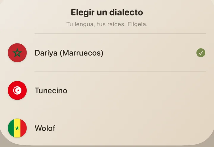Hoja «Elegir un dialecto» de Dialect con las banderas reales: dariya (Marruecos) seleccionado, tunecino, wolof
