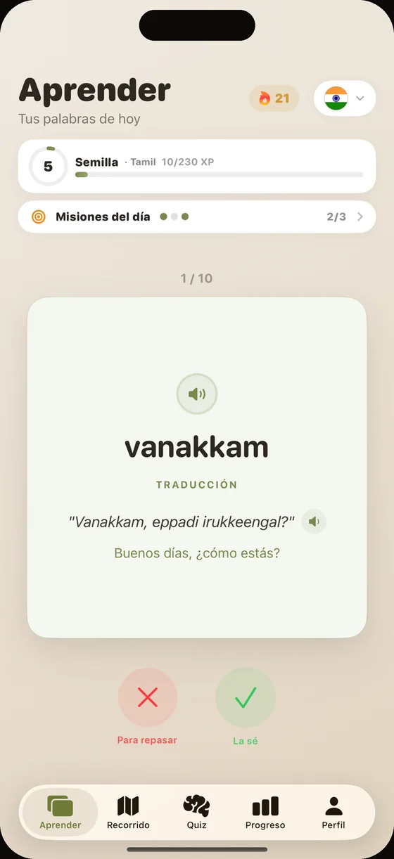 Pantalla de la app Dialect en tamil: la tarjeta «vanakkam», con audio claro en cada palabra