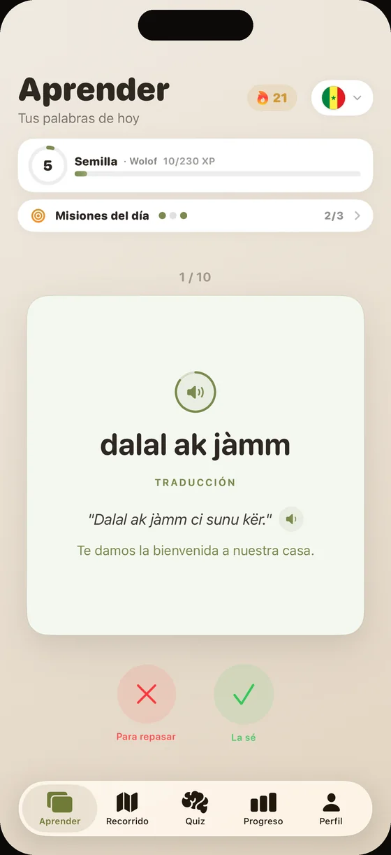 Pantalla de la app Dialect en wolof: la tarjeta «dalal ak jàmm», con audio grabado por una voz nativa