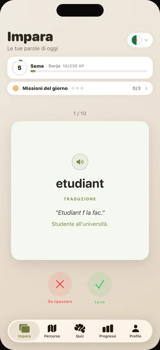 Schermata dell'app Dialect: carta «etudiant» (studente in darija) con voce madrelingua