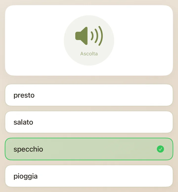 Quiz di ascolto in Dialect: una parola da ascoltare, la risposta giusta evidenziata in verde tra quattro possibilità