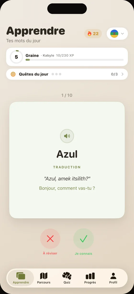 Écran de l'app Dialect en kabyle : la carte « Azul », avec audio enregistré par un locuteur natif