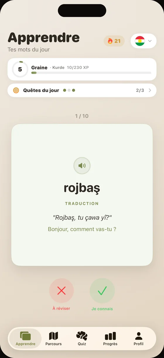 Écran de l'app Dialect en kurde : la carte « rojbaş », avec audio enregistré par un locuteur natif