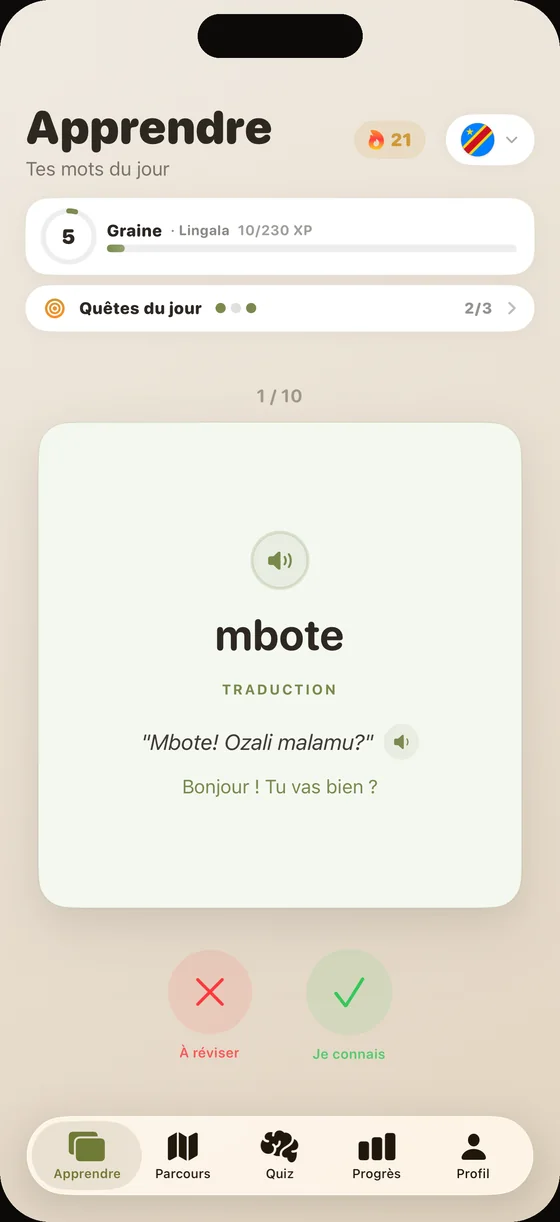 Écran de l'app Dialect en lingala : la carte « mbote », avec la voix de Harvey sur chaque mot