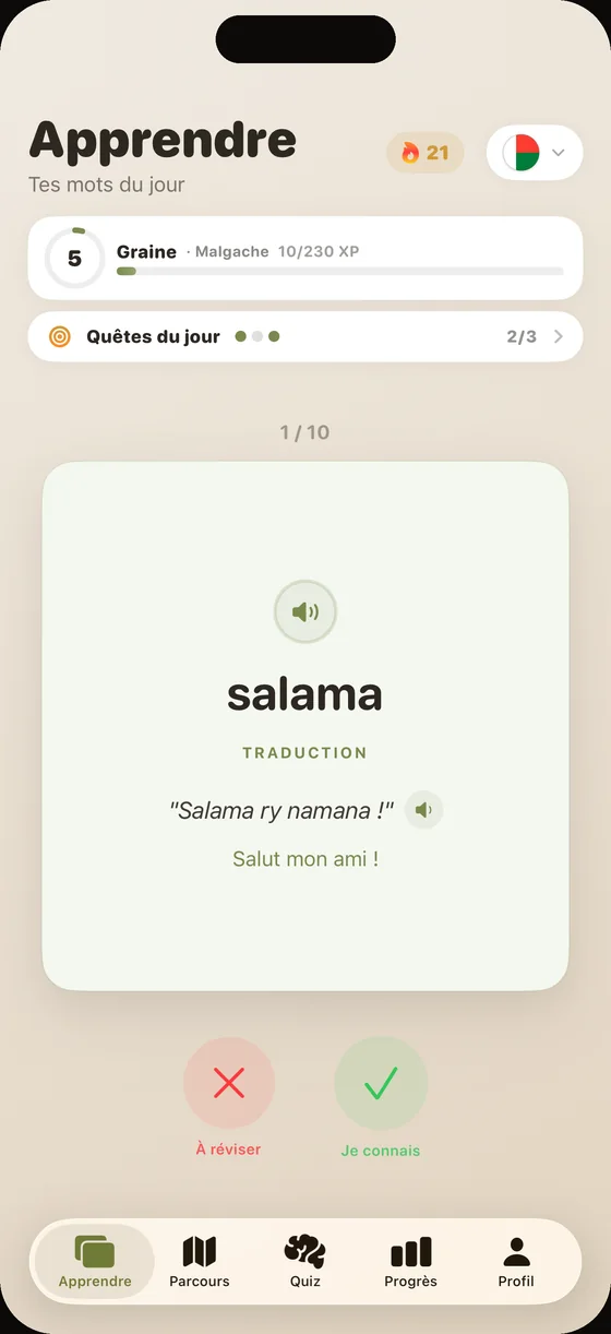 Écran de l'app Dialect en malgache : la carte « salama », avec audio clair sur chaque mot