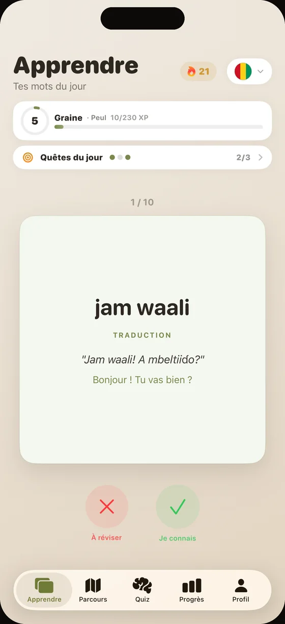 Écran de l'app Dialect en peul : la carte « jam waali », avec audio clair sur chaque mot