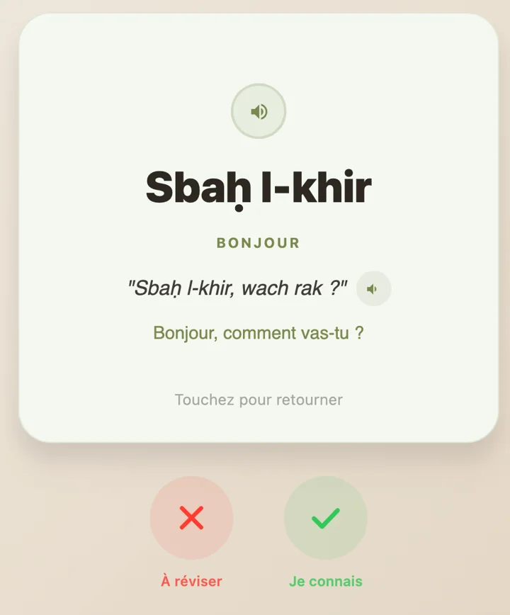 Tarjeta de Dialect: «Sbaḥ l-khir», traducción «Buenos días», con los botones «Repasar» y «Ya la sé»