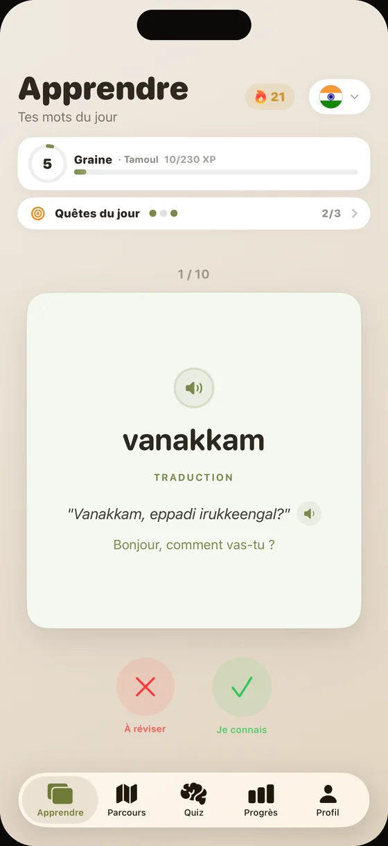 Écran de l'app Dialect en tamoul : la carte « vanakkam », avec audio clair sur chaque mot