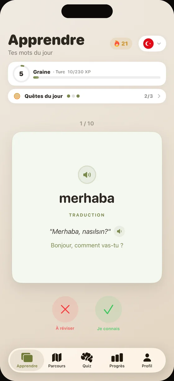 Écran de l'app Dialect en turc : la carte « merhaba », avec audio clair sur chaque mot