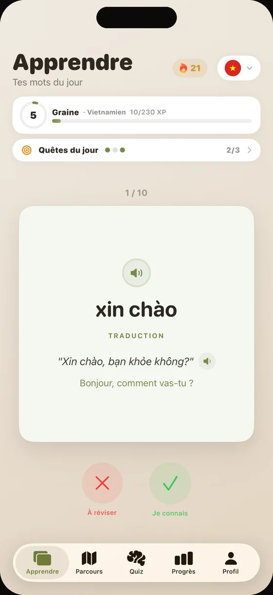 Écran de l'app Dialect en vietnamien : la carte « xin chào », avec audio clair sur chaque mot